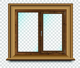 A double-leaf brown wooden window on a transparent background. Vector illustration
