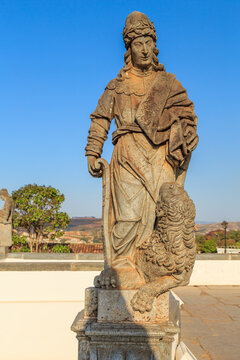 Statue of the prophet sculpted by Aleijadinho in front of the church of the sanctuary of Bom Jesus of Matosinhos at Congonhas, Minas Gerais, Brazil