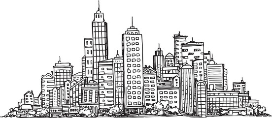 Vector city skyline, hand drawn doodles on white paper