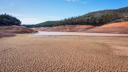Landscape of low water and dry land in advance, severe drought in the reservoir of Portugal....