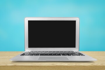 Fototapeta premium Beautiful new modern laptop with blank screen