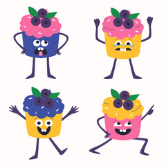 Set of cute cupcakes in cartoon style. Vector illustration.