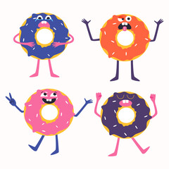 Collection of cartoon donuts with different emotions. Vector illustration.