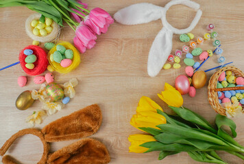 Easter background. Happy Easter Bunnies. happy easter banner. Tulips. Easter. Banner. copy space