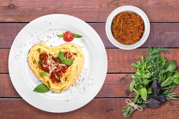 Classic italian pasta pesto with pound garlic, basil leaves, hard parmesan cheese