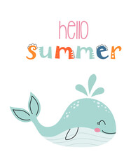 vector illustration with cute whale in cartoon style