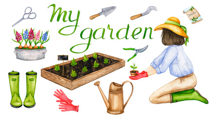 Work in the garden and orchard. A set of watercolor illustrations with a woman planting seedlings and the inscription My garden. Hand drawn cliparts. - obrazy, fototapety, plakaty