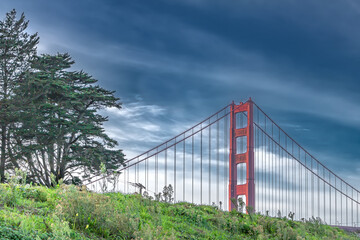Scenic view of a Golden Gate Bridge on a cloudy day in San Francisco CA USA