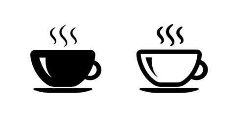 Coffee cup icon set. Hot tea mug vector symbol. Black line icon. Cup of espresso coffee or cappuccino. Morning drink logo. Silhouette and outline icons