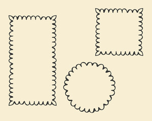 Frame outline set. Hand drawn ink stroke borders, wave line, circle, square, rectangle shapes. Vector