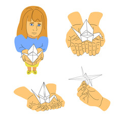 Sad girl with origami crane, children pray for a peaceful sky, open hands with paper crane. No war in Ukraine set, Japanese symbol of peace