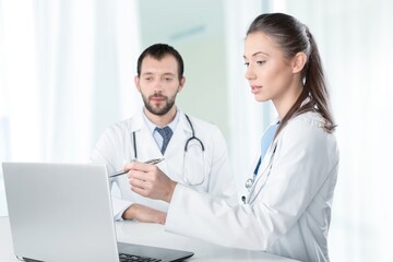 Medical young woman and man talking with video calling.
