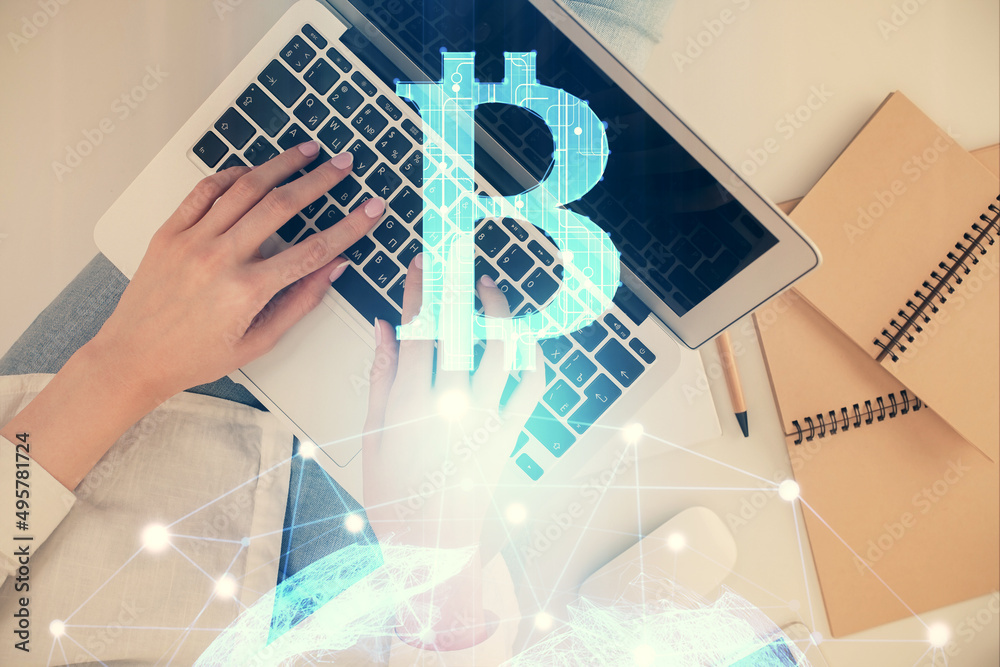 Poster Double exposure of woman hands working on computer and blockchain theme hologram drawing. Top View. bitcoin cryptocurrency concept.