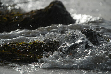 Wasser spritzt über Algen