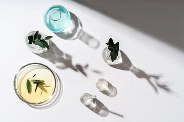 Alternative natural medicine and glassware, flasks and petri bowl. Alternative medicine herbs....