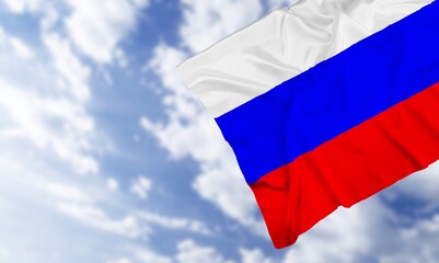 Russian tricolor flag waving in the wind against sky.