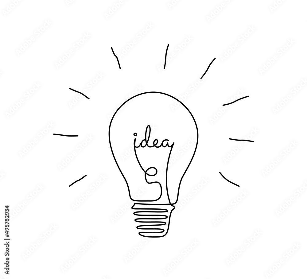 Fototapete light bulb with idea in one continuous line drawing. brainstorm symbol and creative mind concept in 