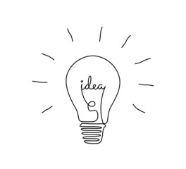 Light bulb with idea in one continuous line drawing. Brainstorm symbol and creative mind concept in simple linear style. Shining lamp with editable stroke. Vector illustration