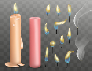 3D Burning Realistic Candle Set. Light Candle Set. Vector. Different Flame Of A Candle Icon Set Closeup On Gray Transparency Grid Background