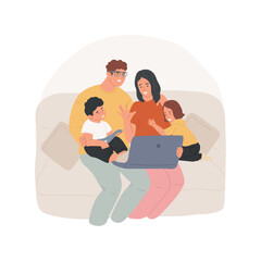 Family video chat isolated cartoon vector illustration. Family members sitting on sofa in front of tablet, having video chat with relatives, waving hands, online communication vector cartoon.