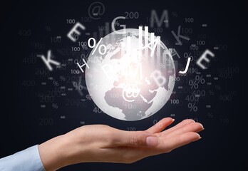 Global currency exchange concept, Hand holding world with virtual effect and letter