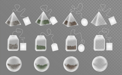 Realistic Tea Bags Set. Pyramid Tea Bags, Round Tea Bags