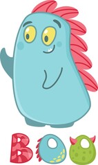 The cute little monster waves his hand and screams Boo. Vector print for children's clothing. Little dinosaur. 