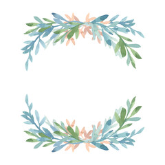 Floral frame on a white background of stylized green and blue leaves and pink flowers. Painted in watercolor on a white background. For wedding invitations, holiday cards, packaging, covers, scrapbook