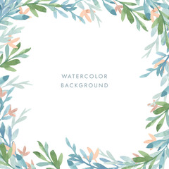 Fototapeta na wymiar Square frame on a white background of stylized green and blue leaves and pink flowers. Painted in watercolor on a white background. For wedding invitations, holiday cards, packaging, covers