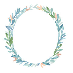 Fototapeta na wymiar An oval wreath of stylized green and blue leaves and pink flowers. Painted in watercolor on a white background. For wedding invitations, holiday cards, packaging, covers, scrapbooking.