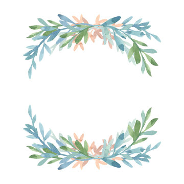 Floral frame on a white background of stylized green and blue leaves and pink flowers. Painted in watercolor on a white background. For wedding invitations, holiday cards, packaging, covers, scrapbook © Irina