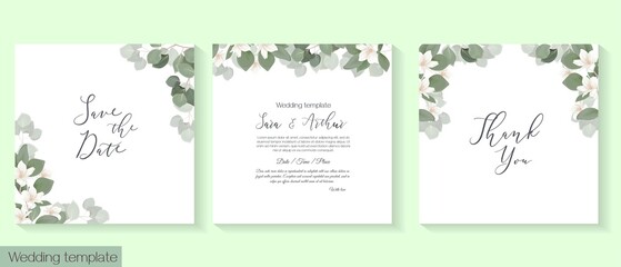 Fototapeta na wymiar Vector herbal wedding invitation template. White magnolia, sakura , eucalyptus, green plants and leaves. All elements can be isolated.