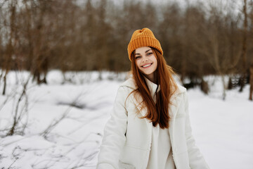 young woman Walk in winter field landscape outdoor entertainment winter holidays