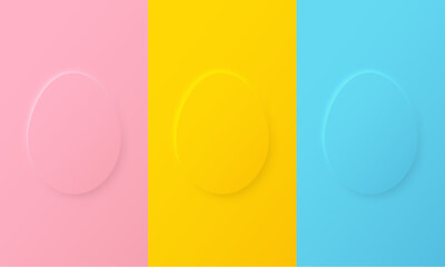 Set of pastel color pink blue yellow egg shape Happy Easter Day greeting card, scene for product display in top view design. Collection of luxury geometric background with copy space.