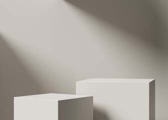 Minimal beige double pedestal or podium for product showcase. Boxe shape pedestal. Beige background. Empty stage. 3d render illustration