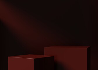 Modern red podium or pedestal for product showcase. Boxes shapes pedestal. Dark background. Empty stage  display. 3d render illustration
