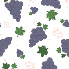 Seamless pattern with grapes and leaves. Fruit natural print. Vector graphics.