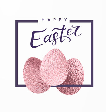 Easter Banner With Golden Rose Foil Paper Eggs On White Background. Pink Metallic Elements. Vector Greeting Card Template