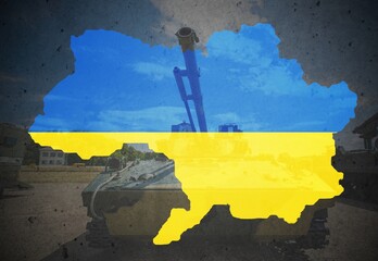 Military occupation of Ukraine by Russia concept. Flag of Ukraine painted on ukraine map....