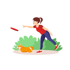 Vector illustration in cartoon style isolated on white background. Girl throwing a frisbey to her pet. Playing Fetch with welsh corgi. Retrieve command