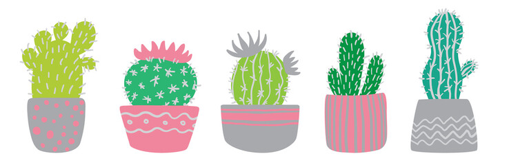 A set of five vector hand-drawn cacti in flower pots. Cute cartoon-style cacti grow in pink and gray pots. Children's illustration