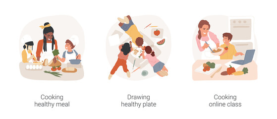 Fototapeta premium Gradeschoolers eating habits isolated cartoon vector illustration set. Cooking healthy meal, drawing healthy plate, nutrition online class for kids, after school education vector cartoon.