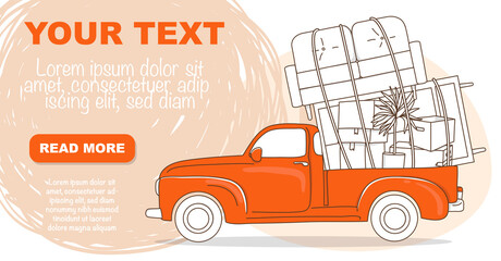 Moving poster and a place for your text. A red truck transports things in boxes and furniture to a new house. Vector illustration in doodle style. © sasha_astra