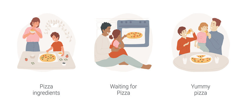 Homemade pizza isolated cartoon vector illustration set. Kitchen table, put ingredients on top of base, kid looking in oven, waiting for pizza, yummy slice with stretchy cheese vector cartoon.