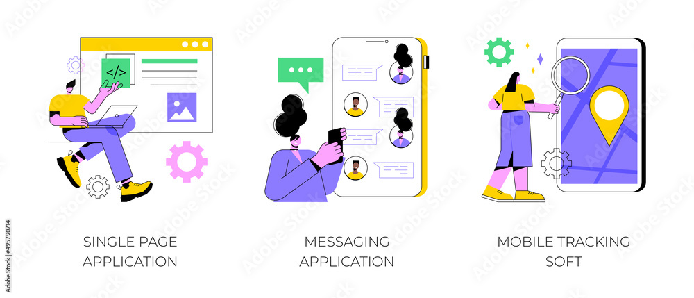Poster web development abstract concept vector illustration set. single page application, messaging applica