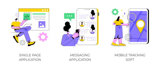 Web development abstract concept vector illustration set. Single page application, messaging application, mobile tracking soft, web page, responsive website, chat app, gps tracking abstract metaphor.