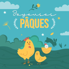 Illustration enfant - Joyeuses Pâques - Dessins de poules dans une prairie