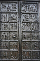 NOVGOROD VELIKY, RUSSIA- MAY 02: Famous bronze west entrance gates of St.Sophia Cathedral in Veliky Novgorod on May 02, 2013. It was made in Magdeburg in 1156