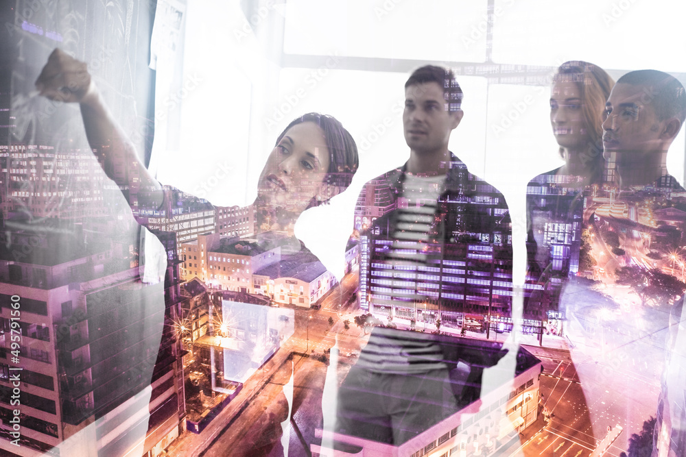 Poster re-evaluating plans to reinvent the city. multiple exposure shot of a group of businesspeople workin