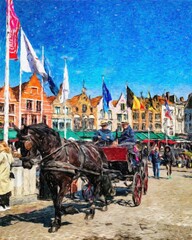 Naklejka na ściany i meble Colorful painting modern artistic artwork, real brush strokes, drawing in oil European famous old street view, beautiful old vintage houses, design print for canvas or paper poster, touristic product
